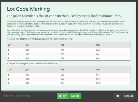 Course screenshot showing lot code marking